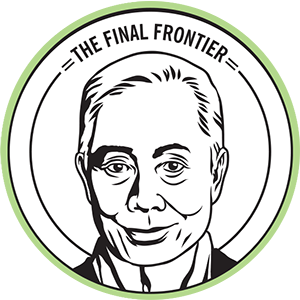 Circular drawing depicting a present day George Takei with green border with the words "The Final Frontier" 