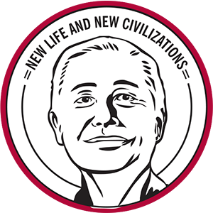 Circular drawing depicting George Takei with red border with the words "New Life and New Civilizations" 