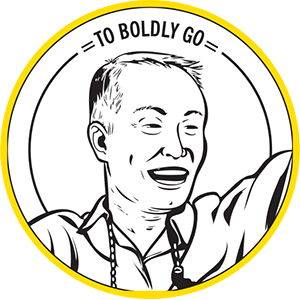 Drawing with yellow border which depicts George Takei with the words "To Boldly Go" on top of the circle