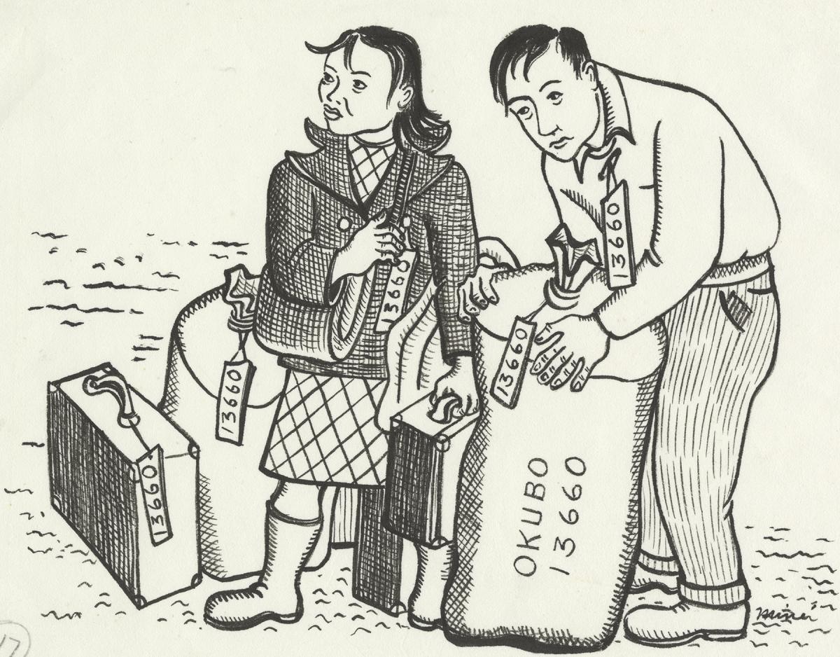 Drawing from Citizen 13660 depicting Mine Okubo and her brother with luggage