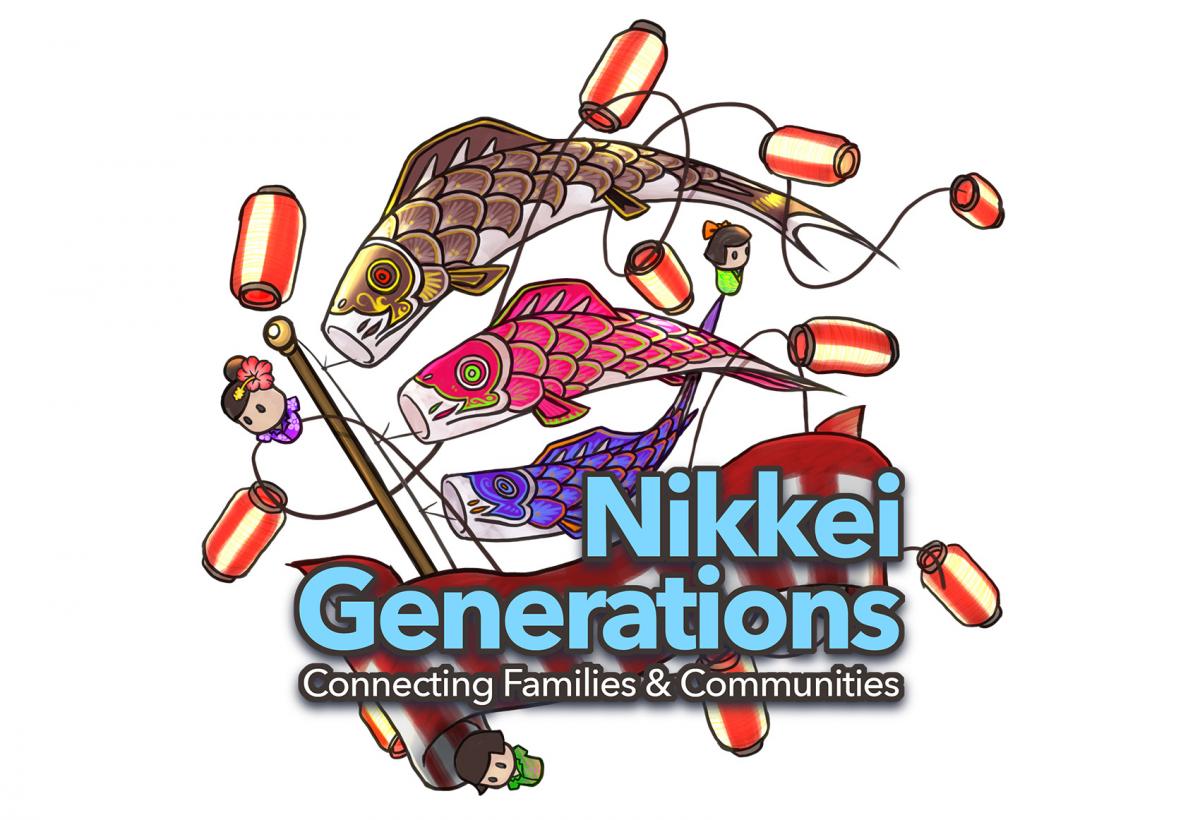 colorful graphic of koinobori flying on a pole with string of lanterns wrapped around. Text reads, "Nikkei Generations Connecting Families and Communities"