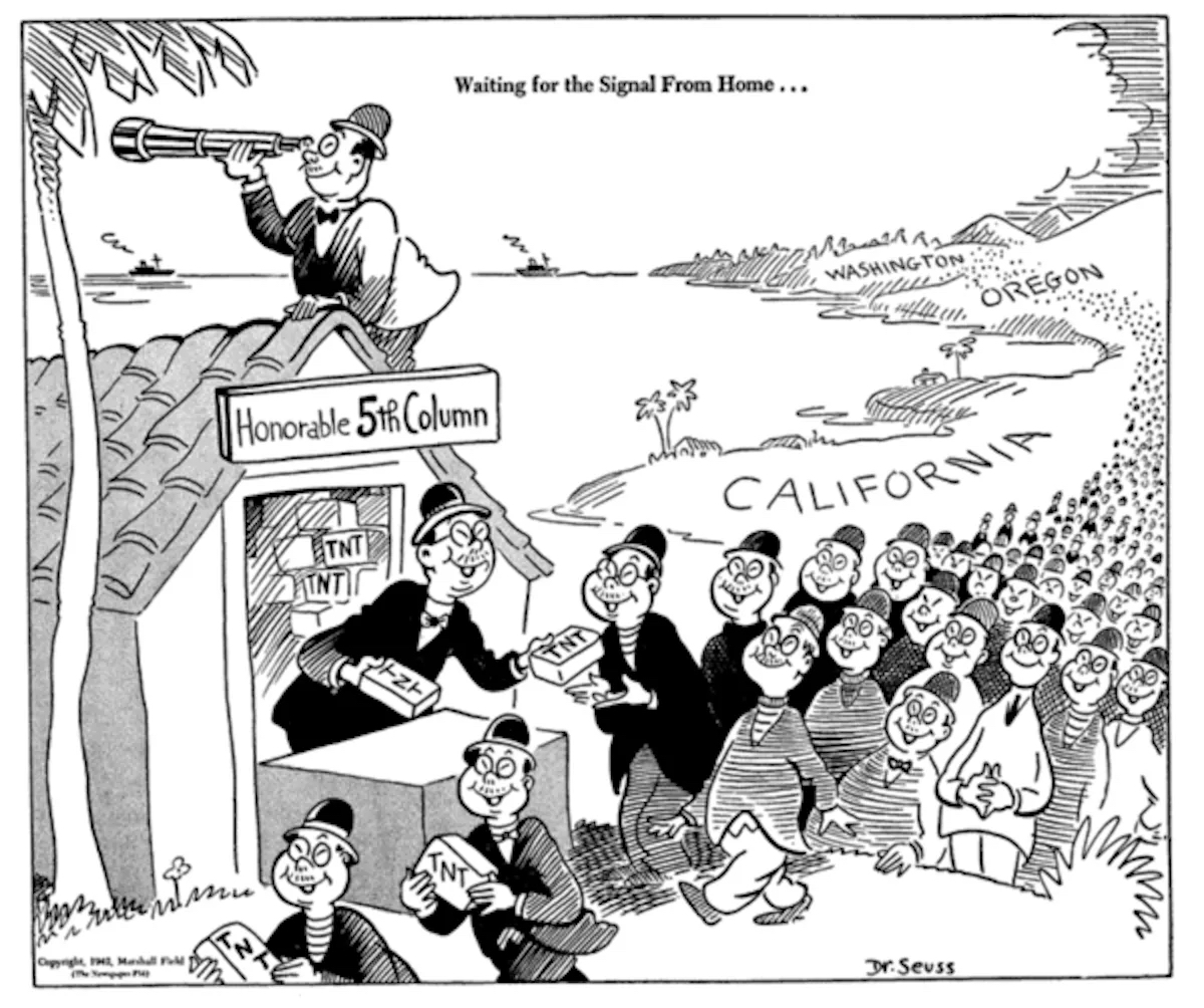 black and white cartoon of Asian people with slanted eyes lined up. An Asian man with slanted eyes is handing out TNT to each person. The sign on the building reads, "Honorable 5th Column" and the title of the cartoon reads, "Waiting For the Signal From Home"