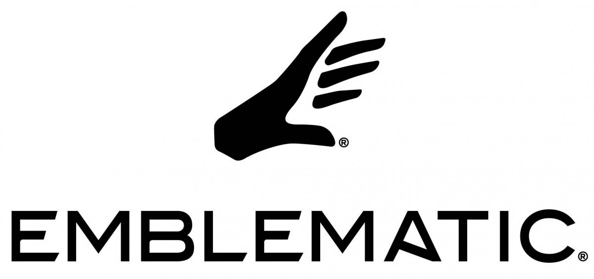 black and white logo of hand with "EMBLEMATIC" written underneath