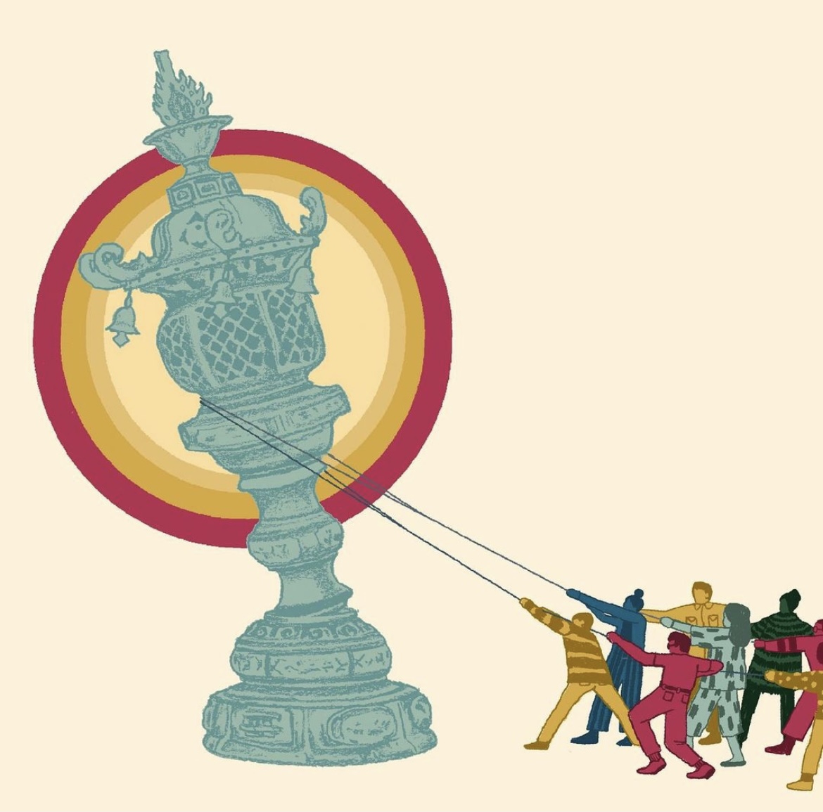 graphic of a teal buddhist structure, appears to be broken and falling backwards. In the corner right of the graphic, a group of people are pulling the weight of the broken fixture in attempts to save it. A yellow circle with red ring around it is behind the teal object. Background is beige.