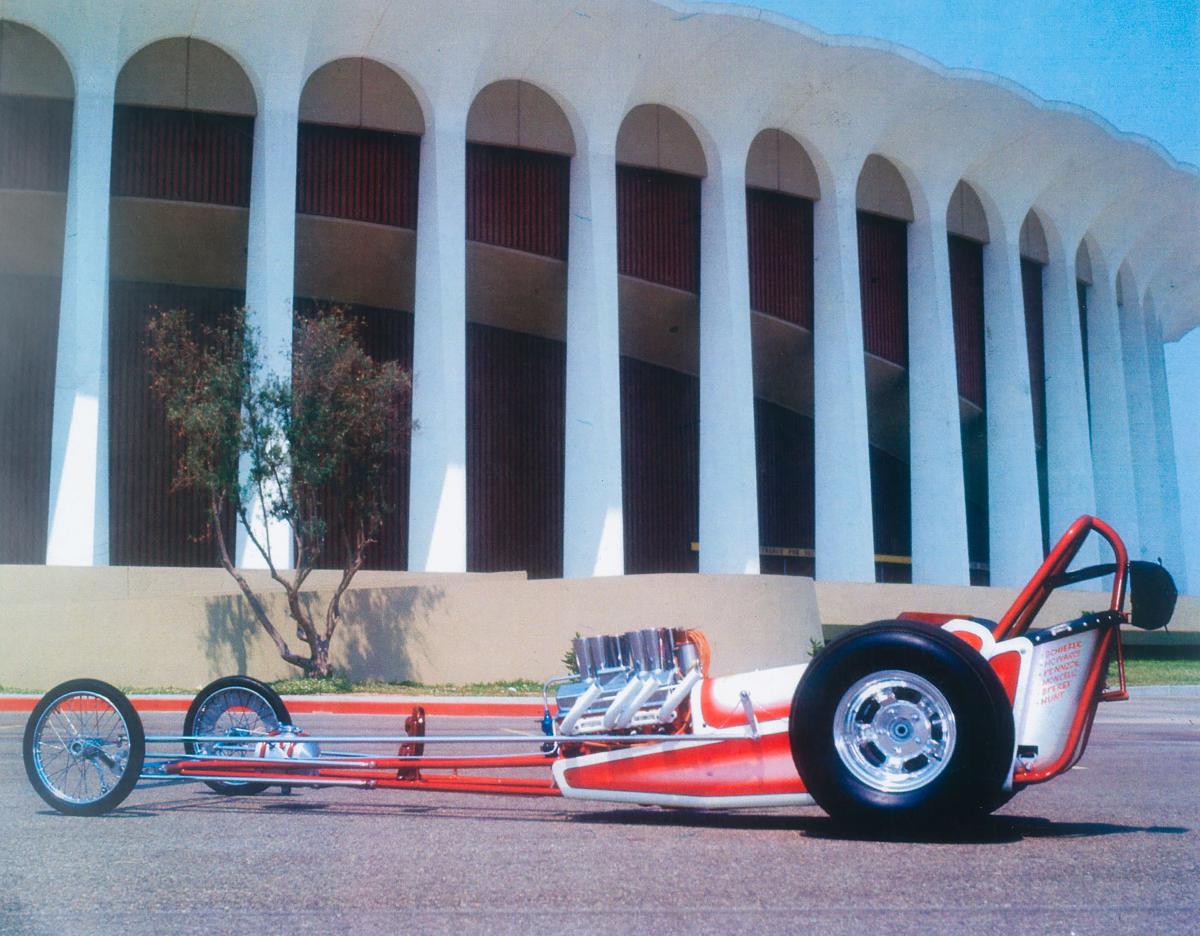 The Rising Sun Dragster in front of the LA Fabulous Forum