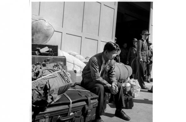 Mitsunobu “Mits” Kojimoto outside the building on Van Ness Avenue in San Francisco where he waited in 1942 for a bus to take him to the Santa Anita Assembly Center.