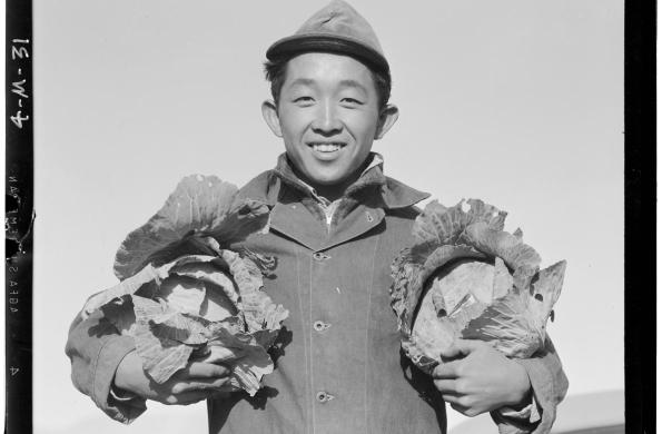 Japanese man holding cabbages and smiling