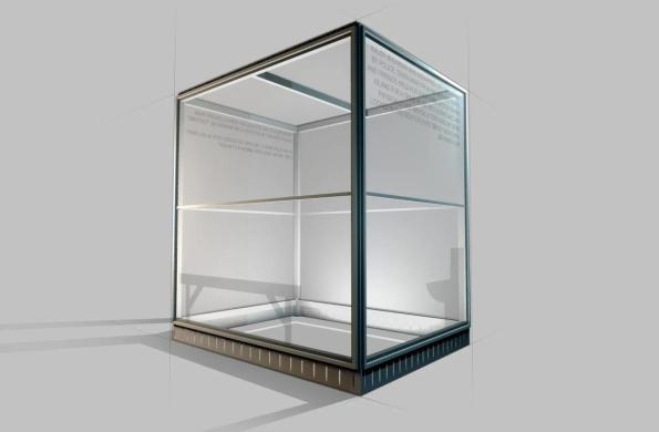 digital rendering of a large glass box sculpture with writings engraved on the side panels