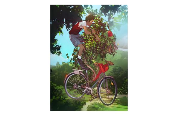 Mixed media piece by Edwin Ushiro of a boy on a red bike with a plant on the handlebars riding in nature