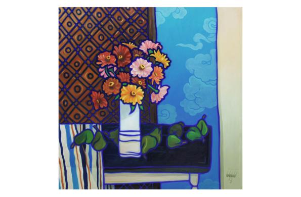 Oil painting of vase with flowers on a table with blue and brown background