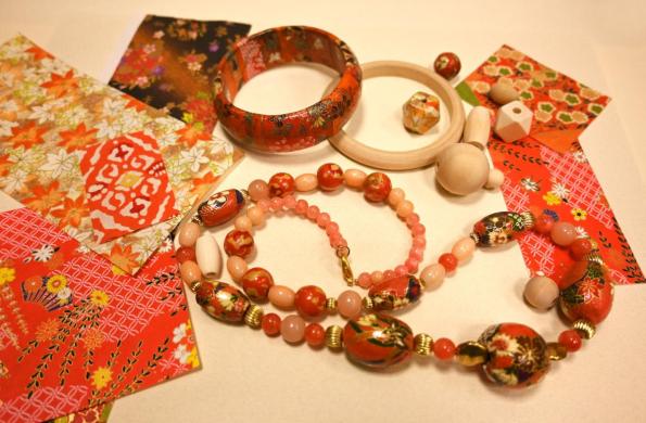 Bracelets and beaded necklaces decorated with Japanese paper.