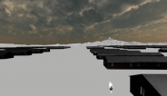 A screenshot of a VR illustration of an overhead shot of a WWII concentration camp with wooden barracks and a single figure walking in the bottom corner