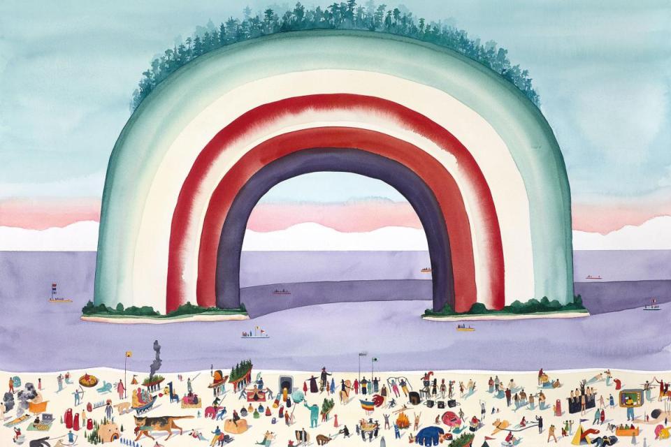 graphic illustration depicting colorful rainbow and beach scene with people on shore