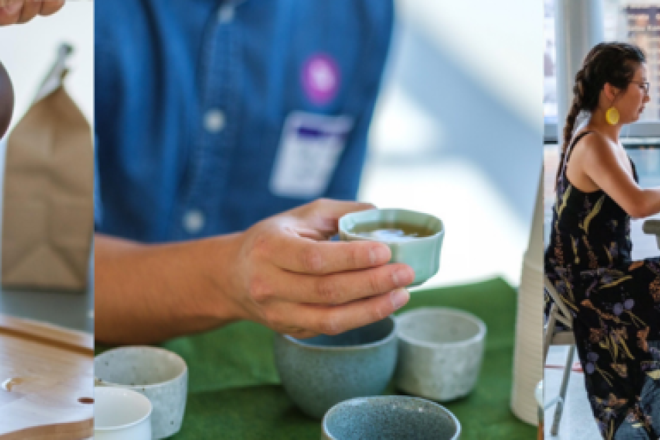 triptych with image of tea on the left, a hand holding tea cup in the center, and a woman writing on a typewriter in a chair on the right