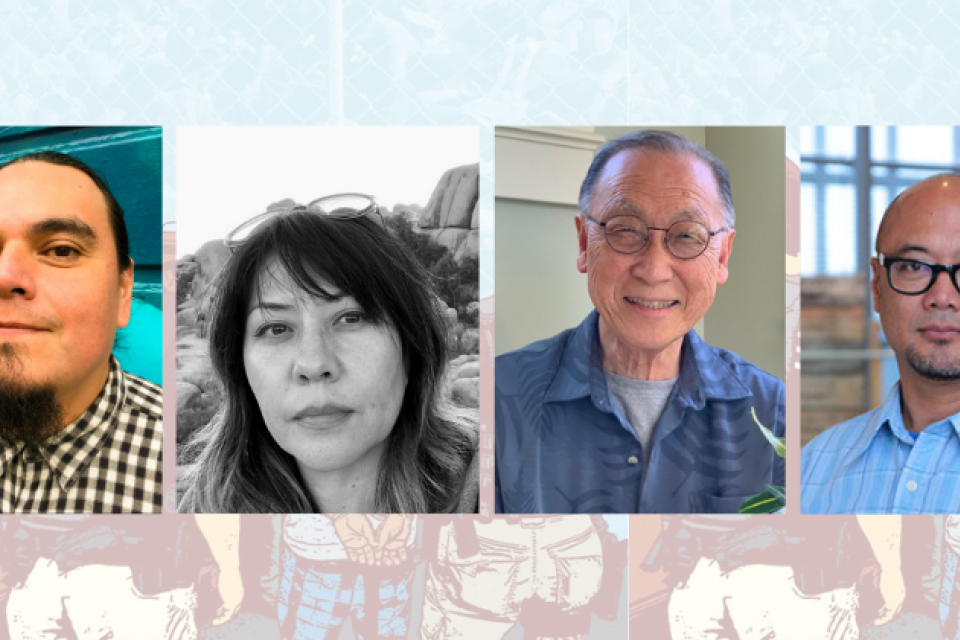 banner image with background collage of police in uniform arresting civilians. In front of the background image shows 4 headshots of Jesus Barraza, Shizu Saldamondo, Kazumu Naganuma and Clement Hanami