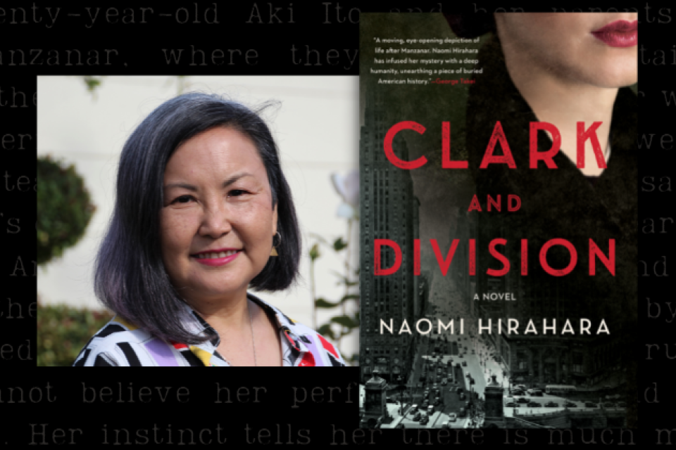 A headshot of Naomi Hirahara and a cover of "Clark and Division" book on a black background with light typewriter style text