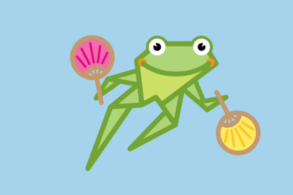 A cartoon frog that looks like it was folded from origami and holding pink and yellow fans floats in front of a light blue background