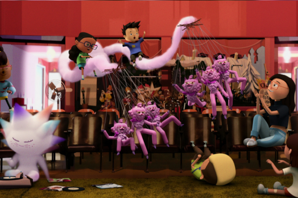 A collection of colorful animated characters play with pink puppets
