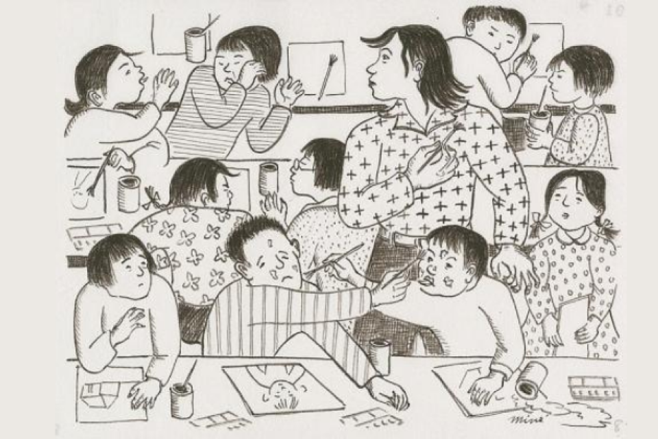 An ink drawing by Mine Okubo of a woman teaching a bunch of rowdy kids art