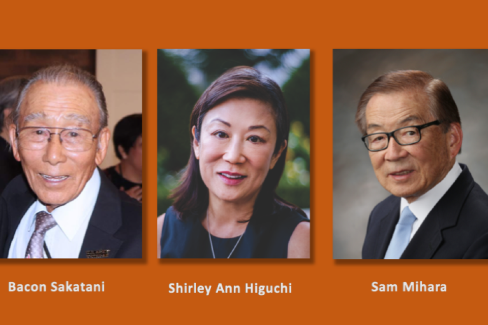 A collage of the cover for 'Setsuko's Secret' and headshots of Shirley Higuchi, Bacon Sakatani, and Sam Mihara