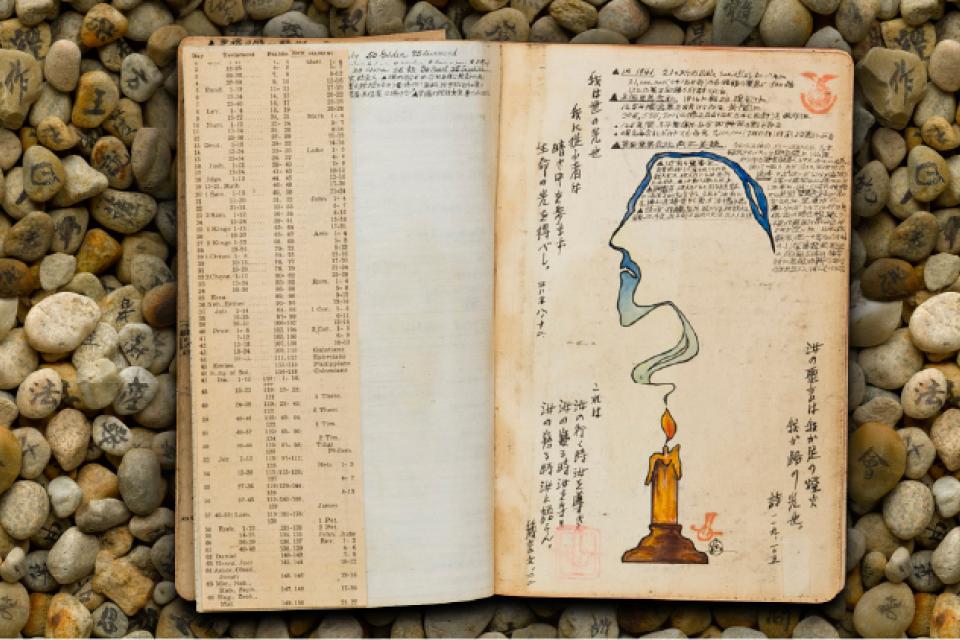 Background of brown, gray, and white rocks with an old bible laying on top