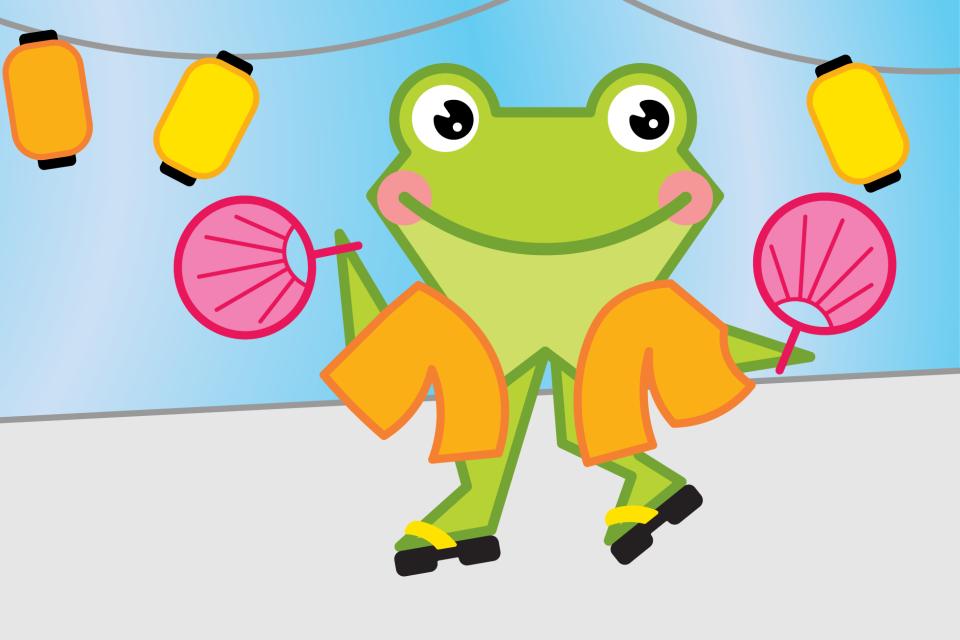 A cartoon frog dressed for a festival