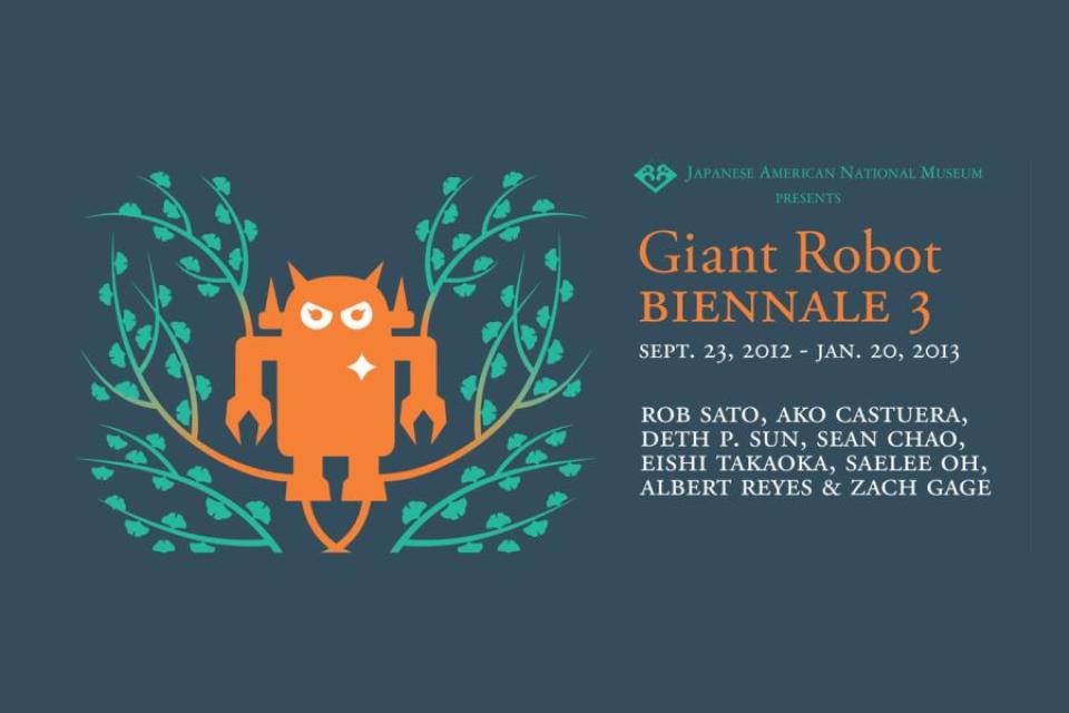 Giant Robot Biennale 3 poster, orange robot with angry eyes, enveloped in cyan colored branches and leaves with show information in orange and white lettering