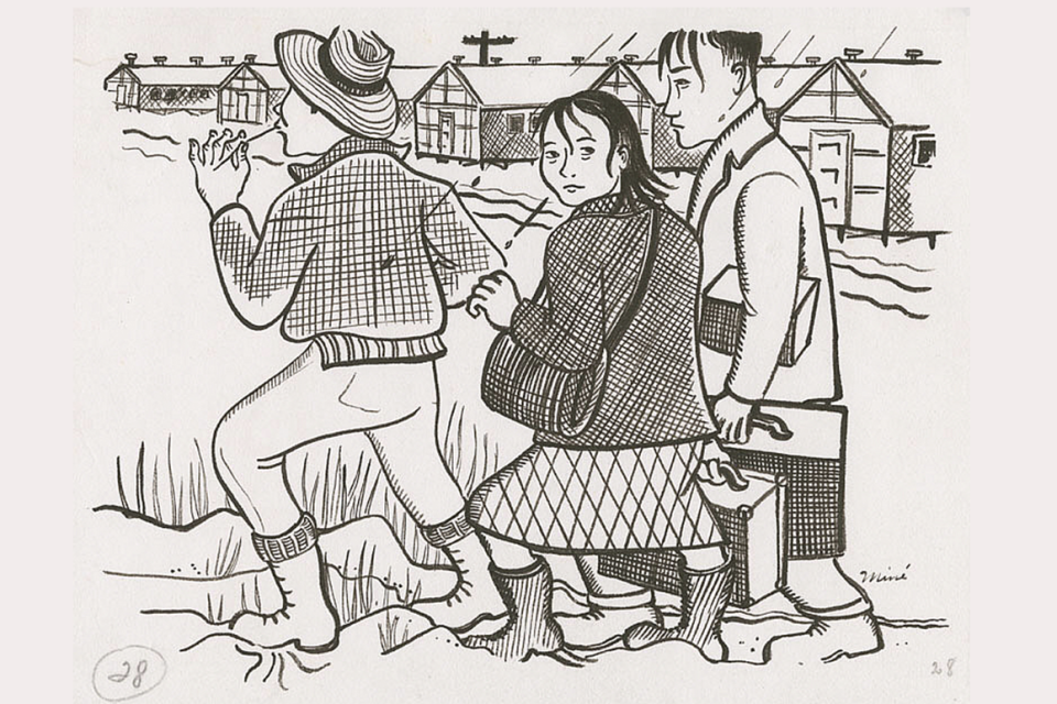 black and white illustration of three people walking through rugged terrain with barracks in the background. The woman in the center is looking back with back to the viewer. The other two have backs to the viewer but are looking straight.