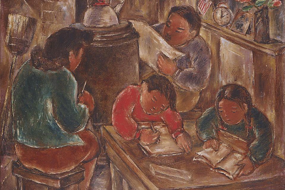 Painting by Japanese American artist Henry Sugimoto depicting an everyday scene from the lives of Japanese Americans in World War II concentration camps.