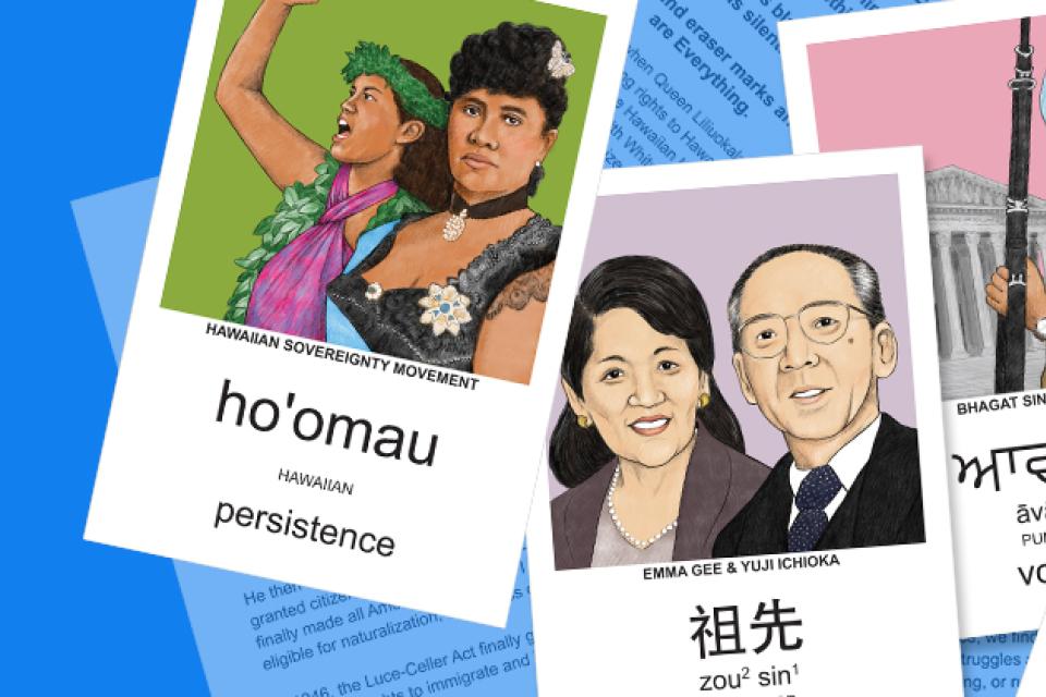 An american vocabulary cards with words and illustrations of people