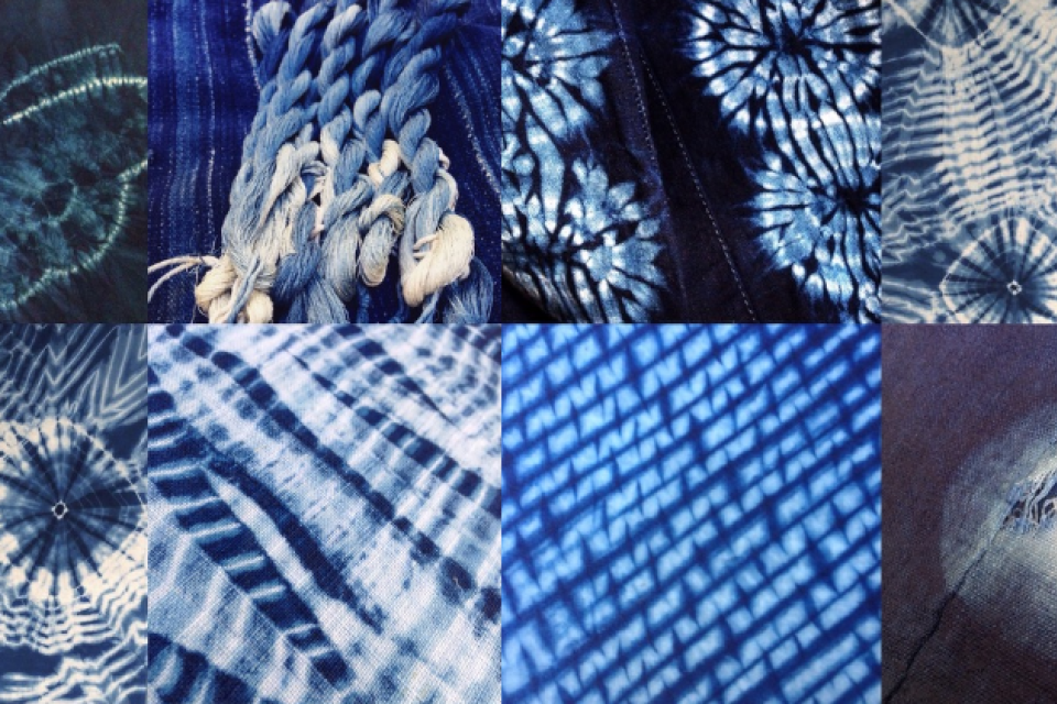 Tiled images of various examples of shibori dyed fabrics.