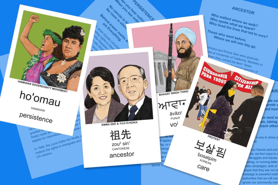 An American Vocabulary cards featuring flashcards with words and images on blue background