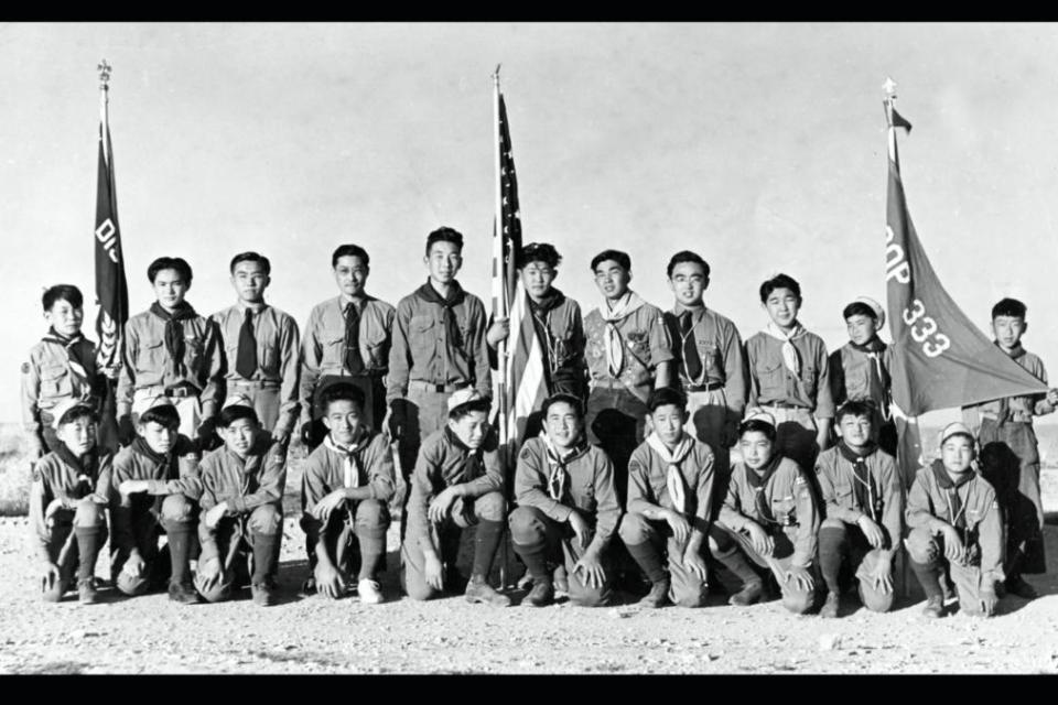 A black and white photo of the Boy Scouts of Heart Mountain.