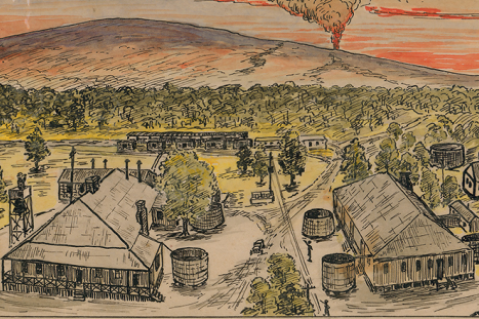 A color drawing of the Kilauer Military Dentention Camp, barracks with mountain in distance