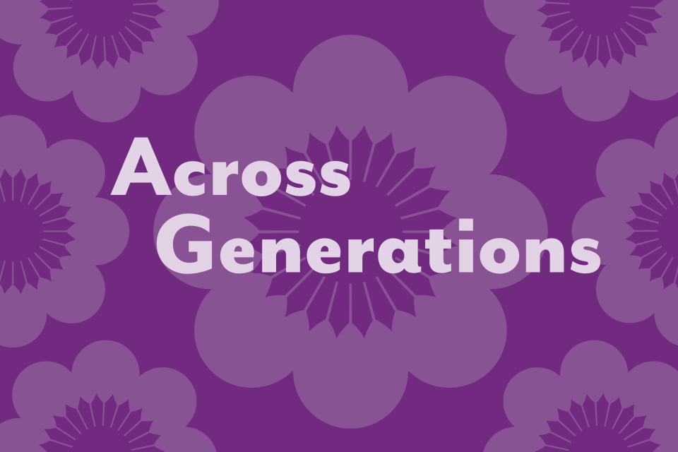 Across Generations logo on purple background with flowers tinted back