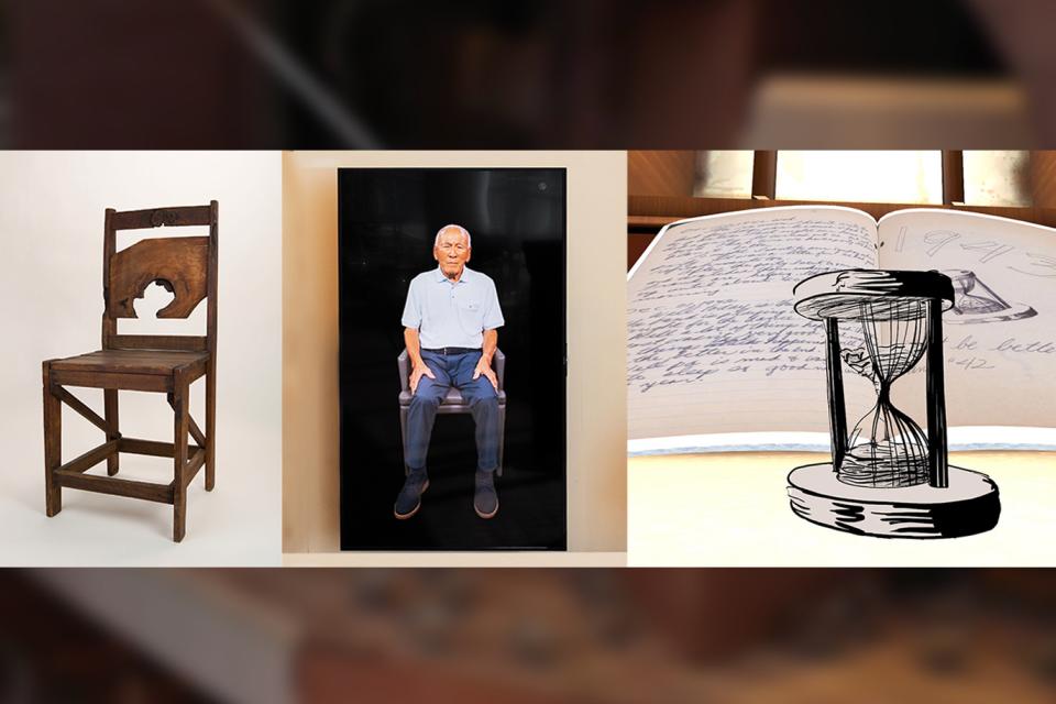 collage of janm exhibits chair, lawson interactive and artifacts