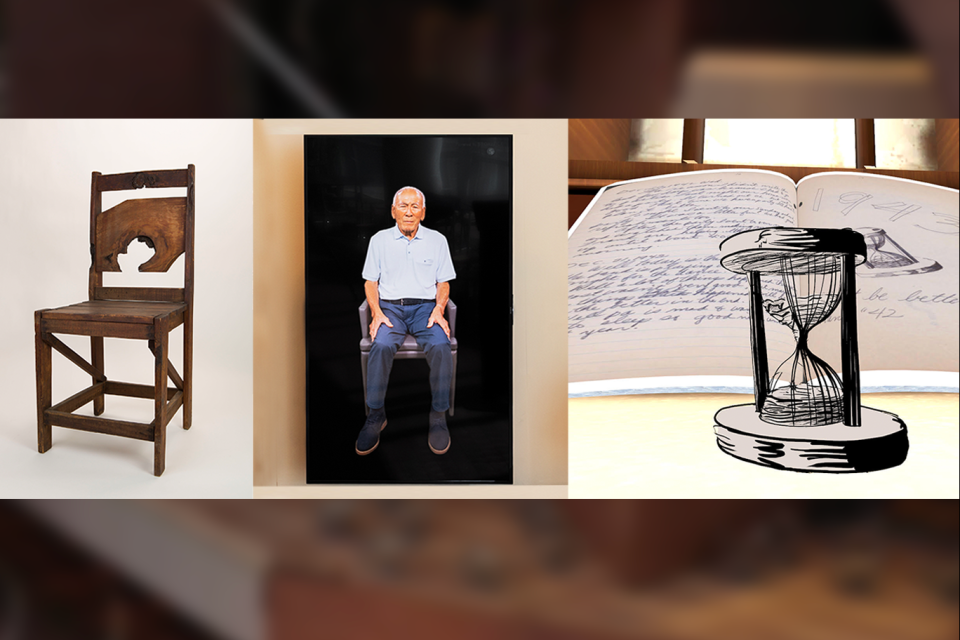 collage of janm exhibits chair, lawson interactive and artifacts