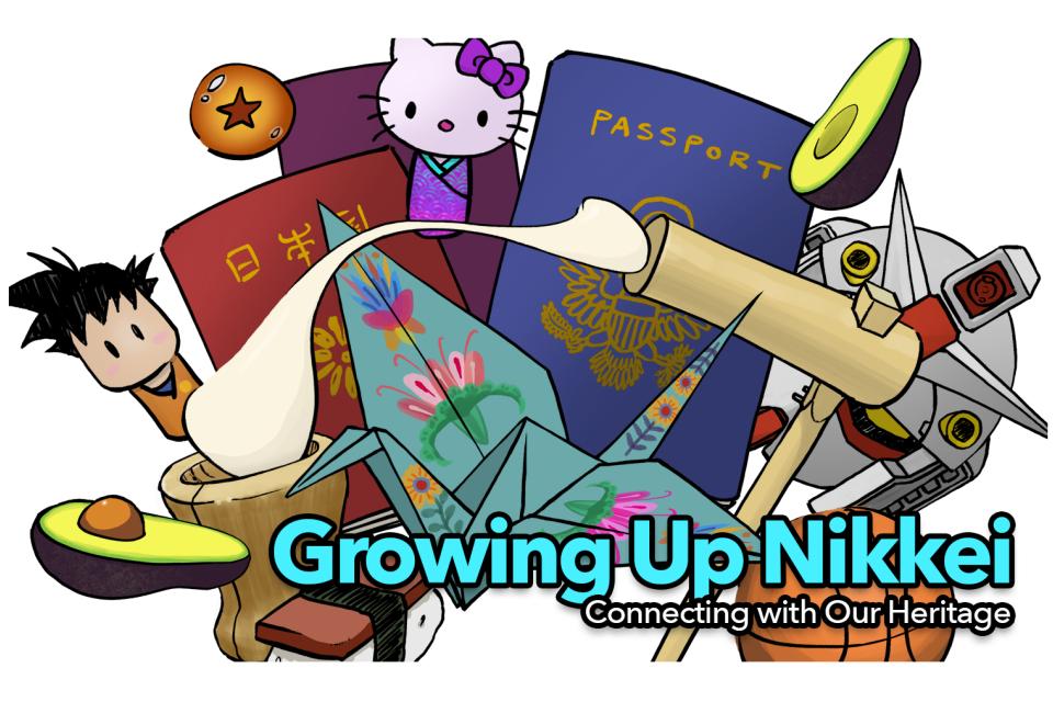 growing up nikkei title on collage of origami crane, hello kitty, spam musubi and more