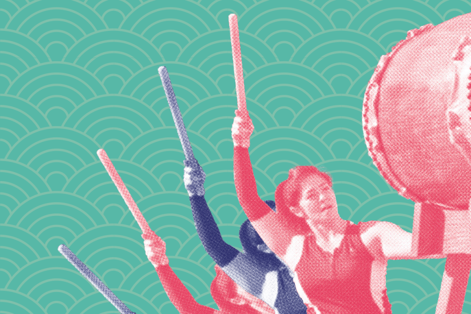 graphic of taiko drummer against green pattern background
