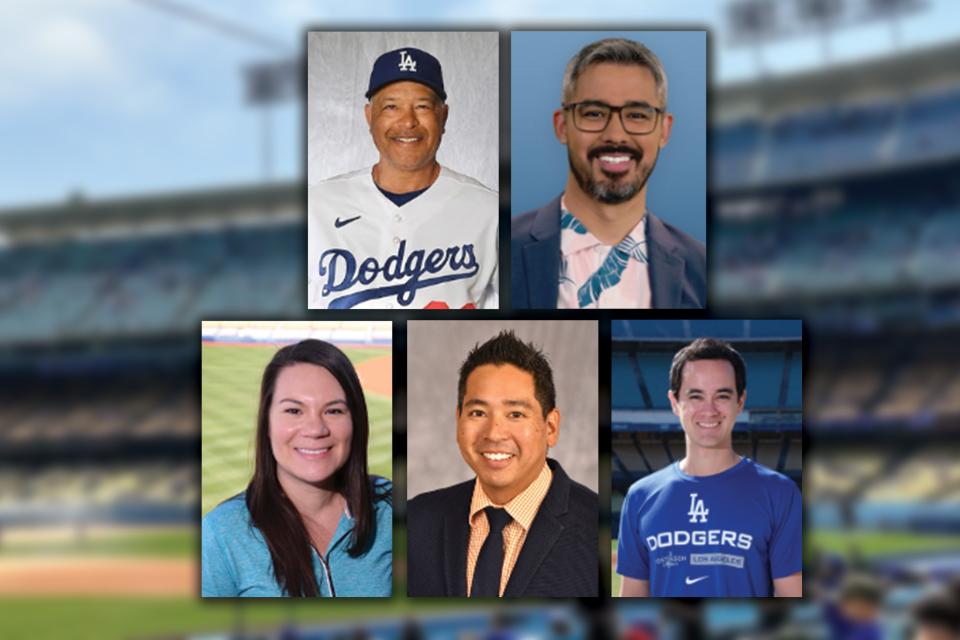 dodgers staff photo against stadium backdrop