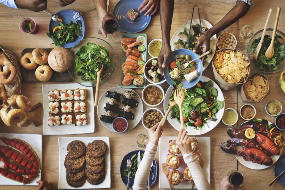 table with plates of food