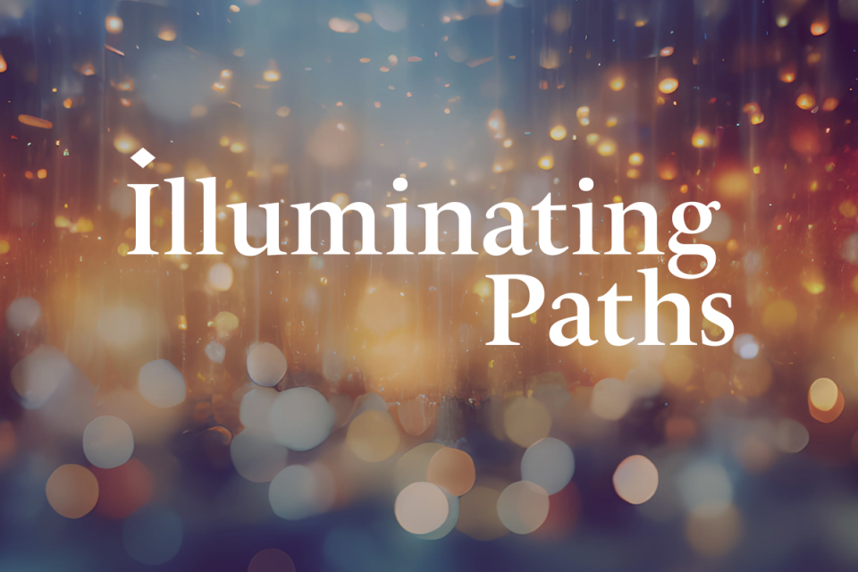 illumination paths type over a photo of sparkling lights that is blurred in the foreground