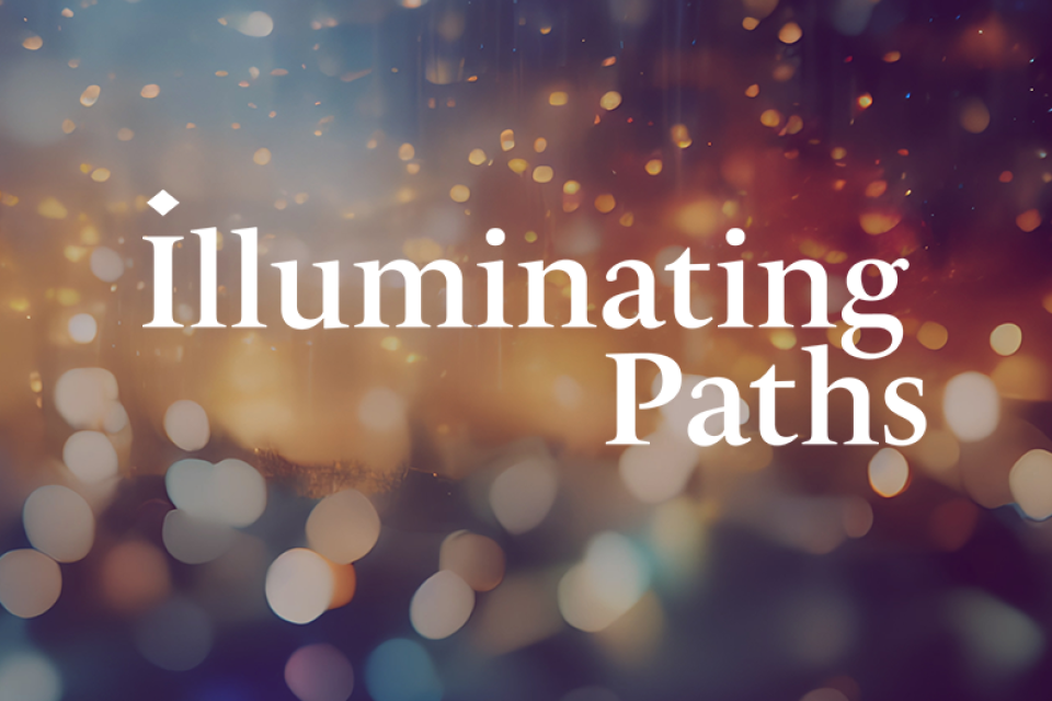 illumination paths type over a photo of hanging lights that is blurred in the background