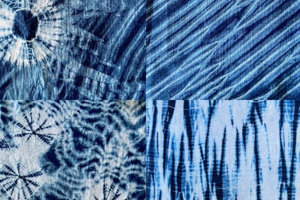 A collage of fabrics that have been dyed using various techniques.