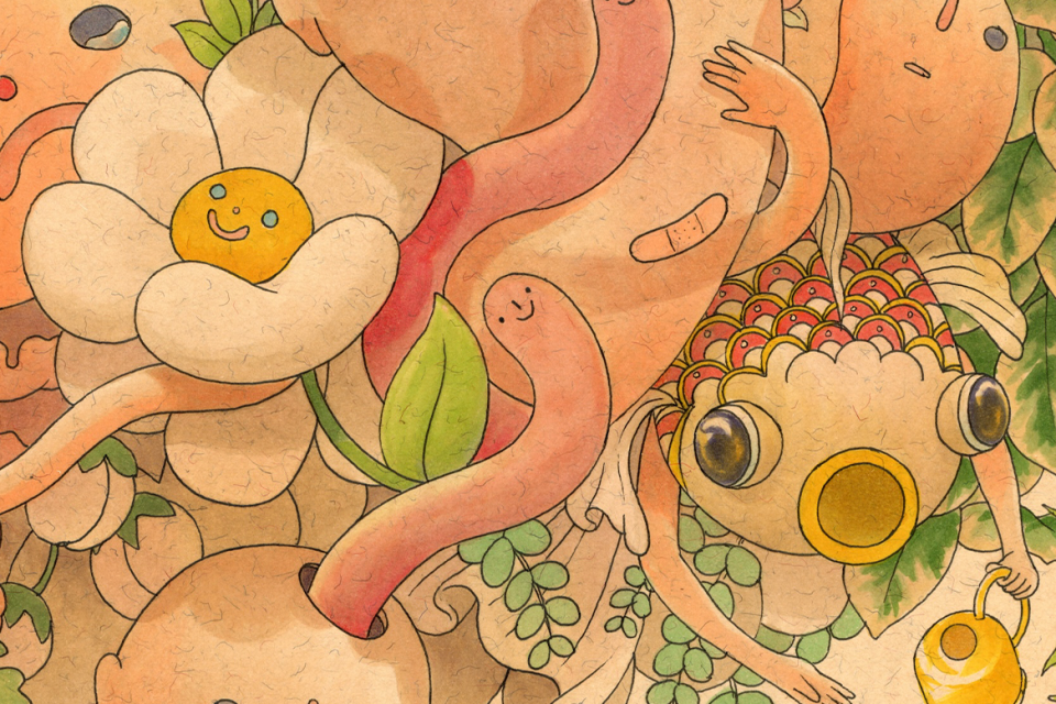 illustration by felicia chiao colorful playful flowers and worms with smiling faces