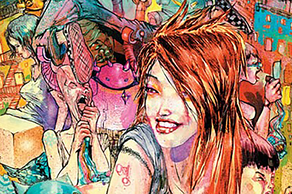 david choe colorful illustration of little tokyo girl, people and buildings
