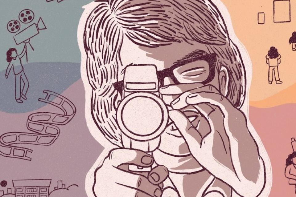 illustration of man with movie camera with drawings of kids, film, people