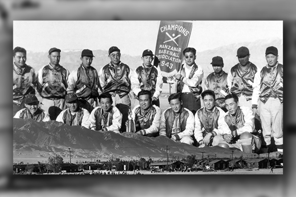 manzanar baseball team photo with camp barracks collage in photo