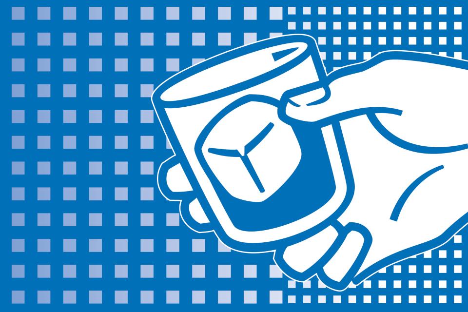 illustration of hand holding drinking glass with ice cube