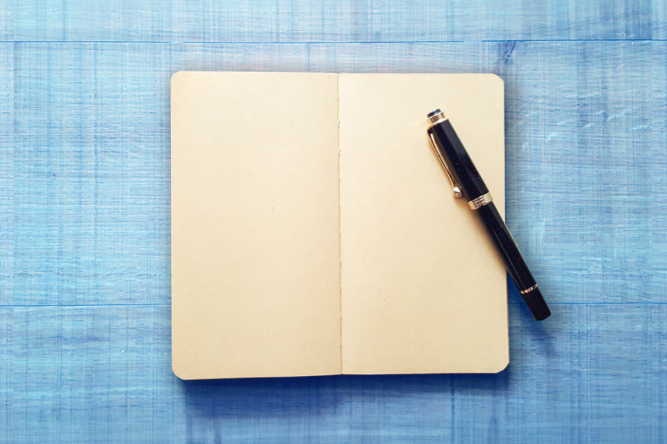 book open to blank pages with pen